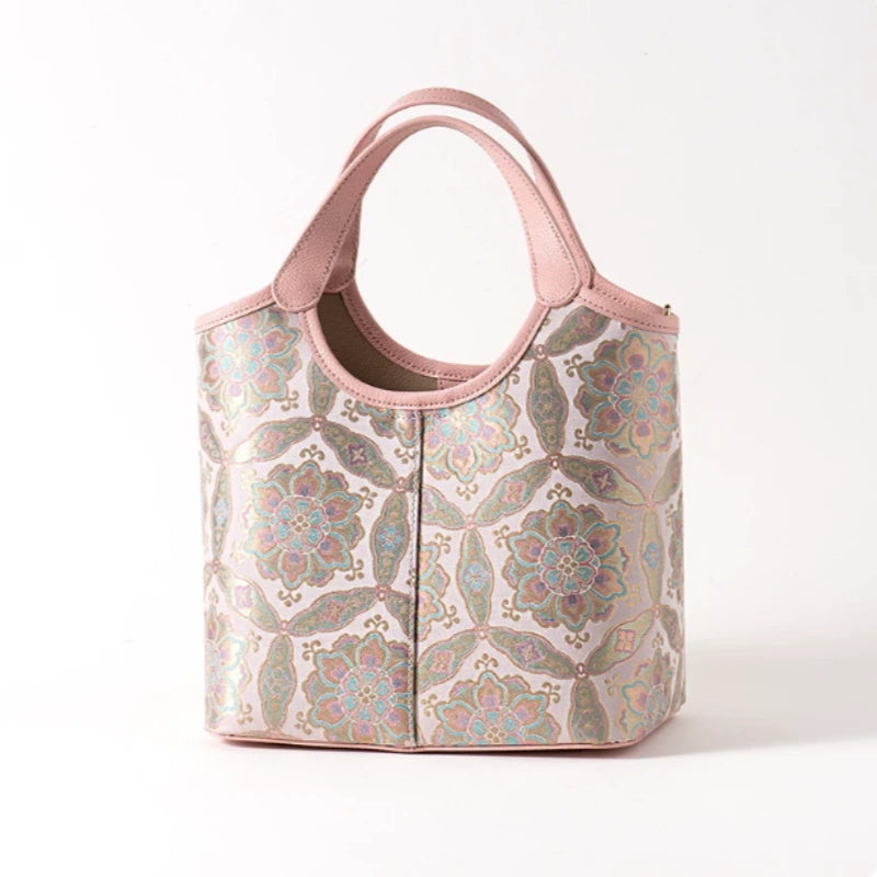 Premium Mulberry Silk Song Brocade Cowhide Bucket Bag