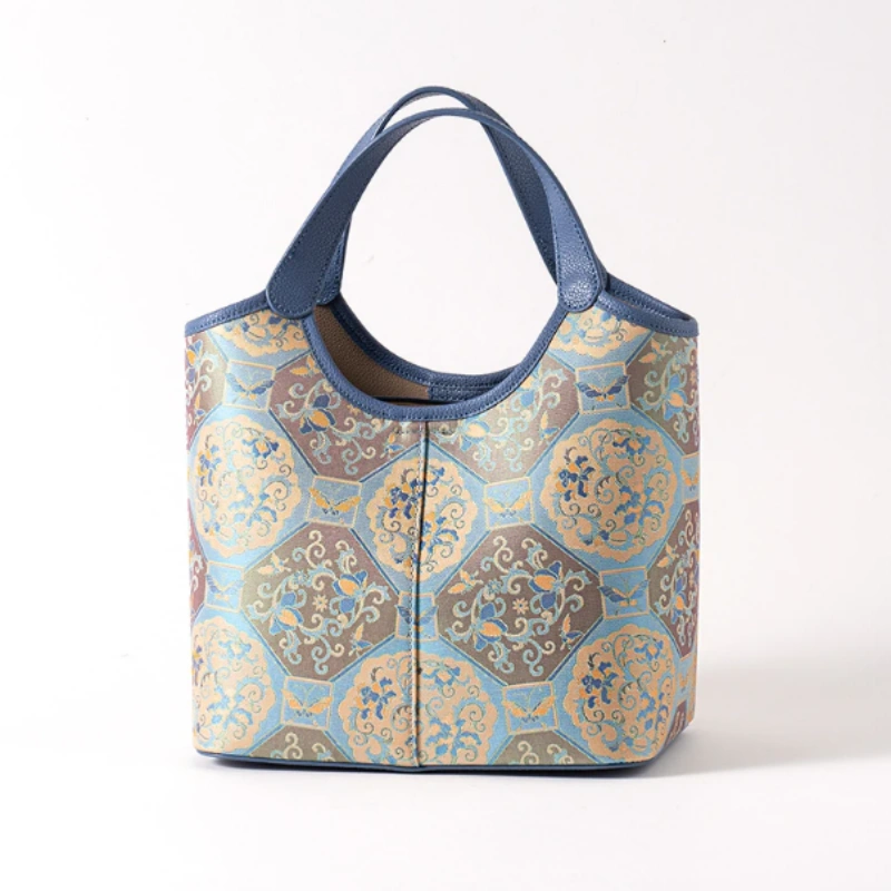 Premium Mulberry Silk Song Brocade Cowhide Bucket Bag