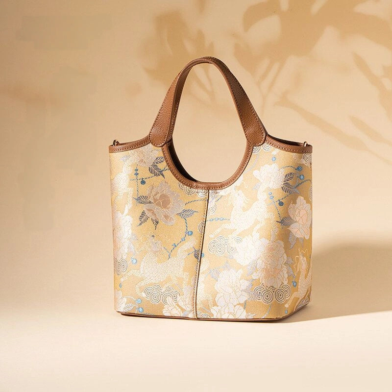 Premium Mulberry Silk Song Brocade Cowhide Bucket Bag