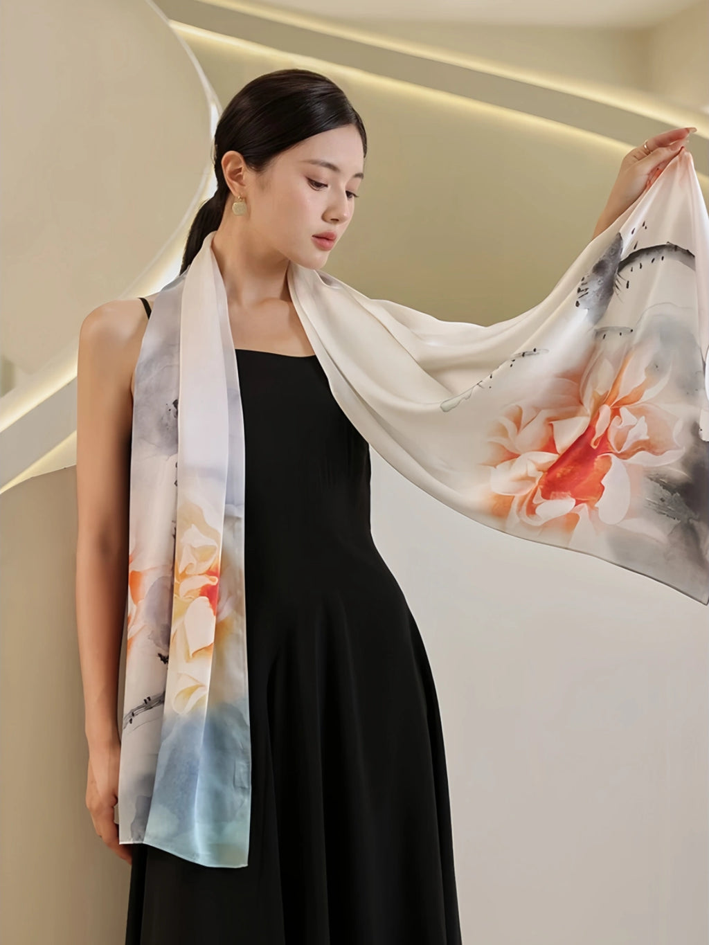 Premium Mulberry Silk Floral Long Scarf