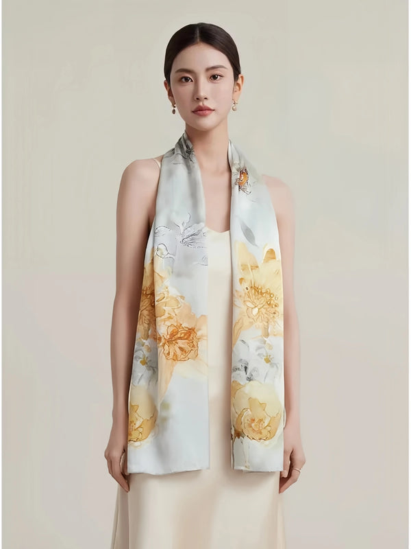 Premium Mulberry Silk Floral Skinny Scarf