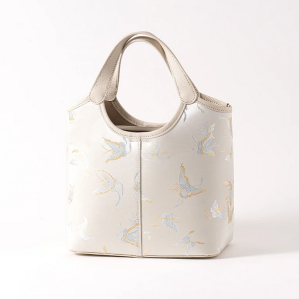 Premium Mulberry Silk Song Brocade Cowhide Bucket Bag