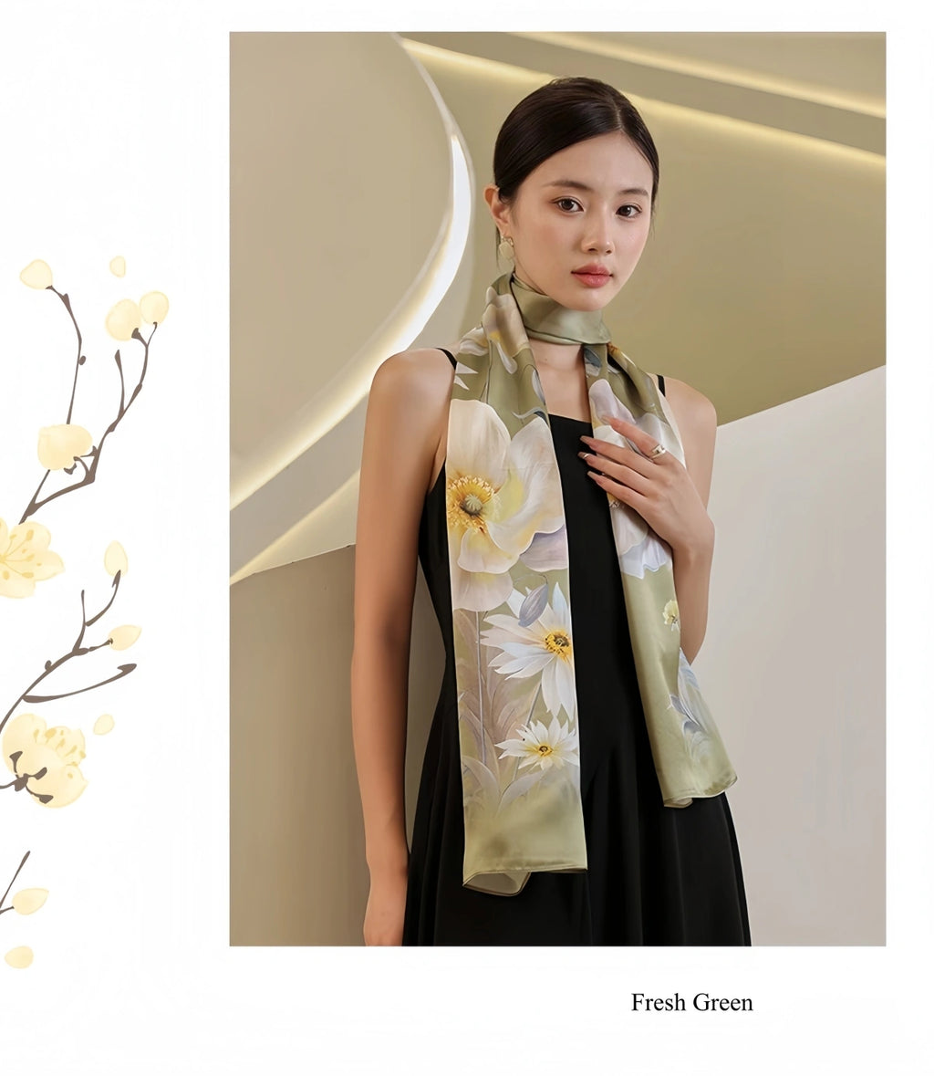 Premium Mulberry Silk Floral Long Scarf