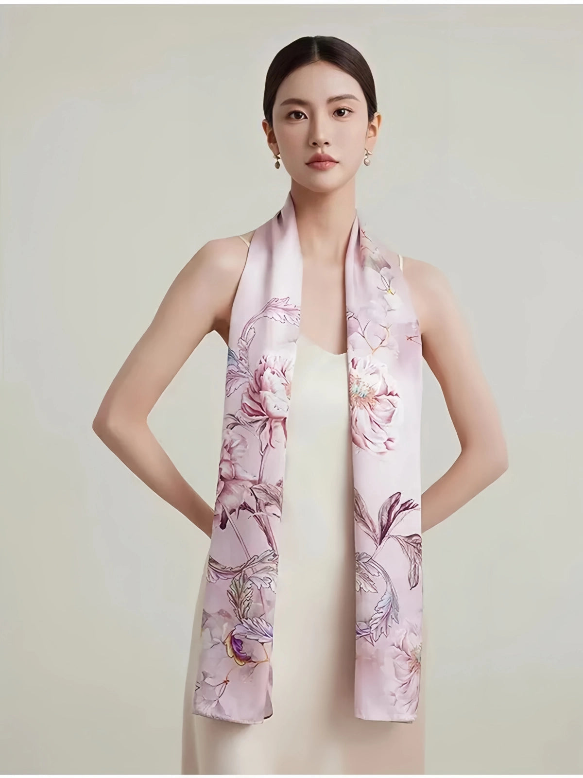 Premium Mulberry Silk Floral Skinny Scarf