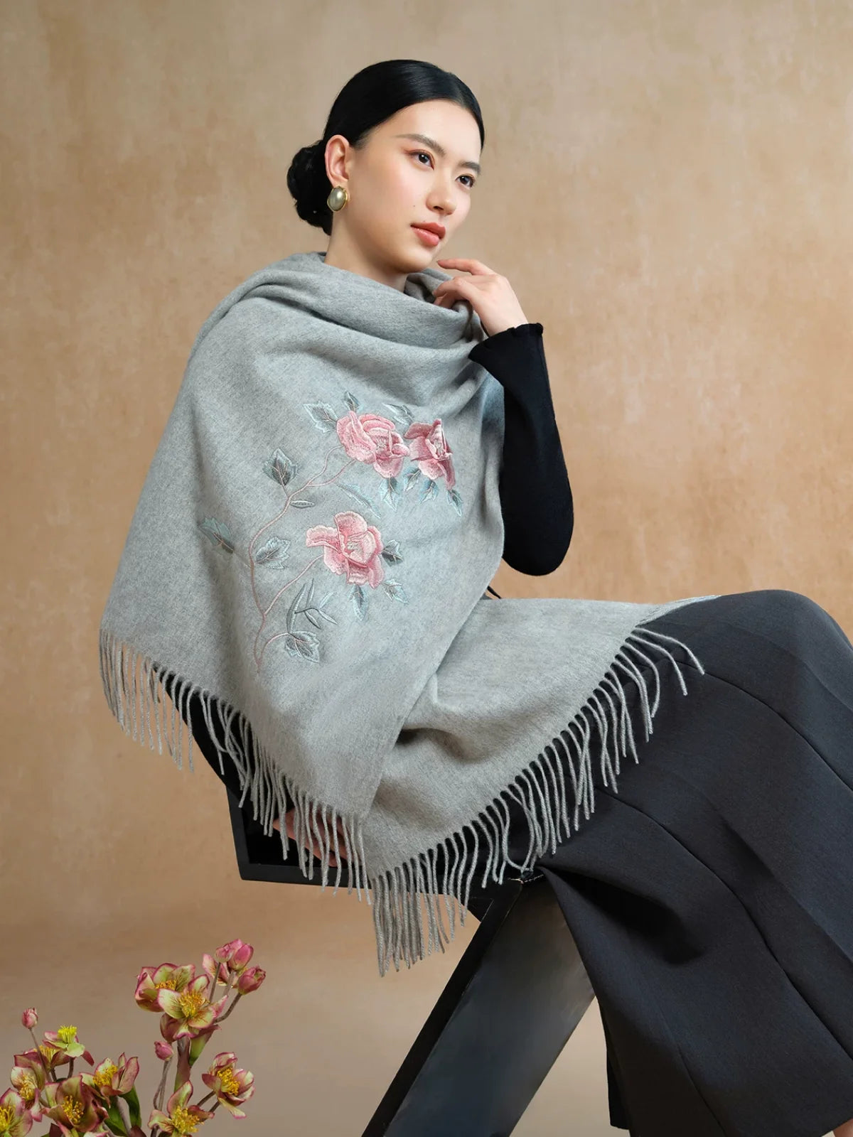 Premium Merino Wool Embroidered Shawl