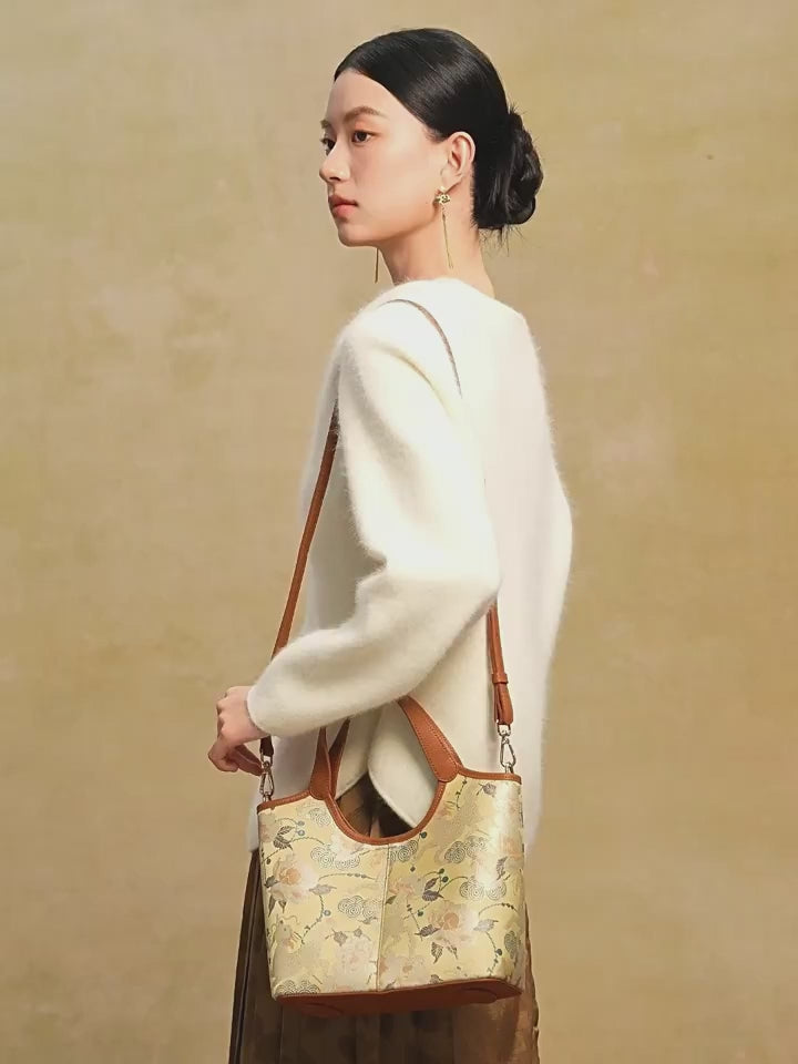 Premium Mulberry Silk Song Brocade Cowhide Bucket Bag