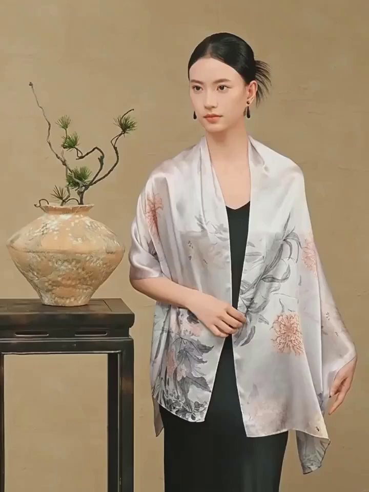Premium Mulberry Silk Floral Long Scarf
