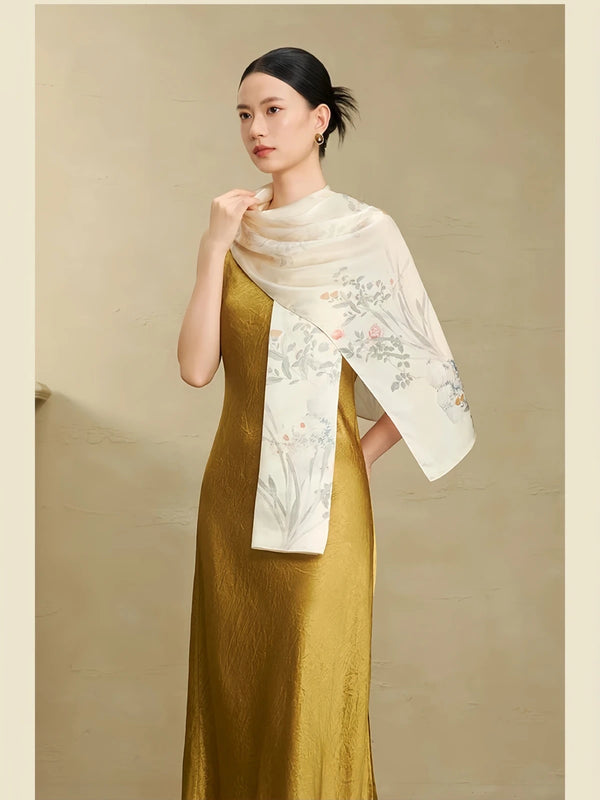 Premium Mulberry Silk Floral Long Scarf
