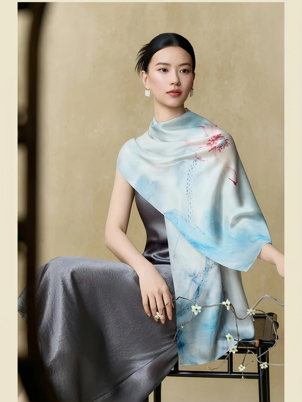 Premium Mulberry Silk Floral Long Scarf